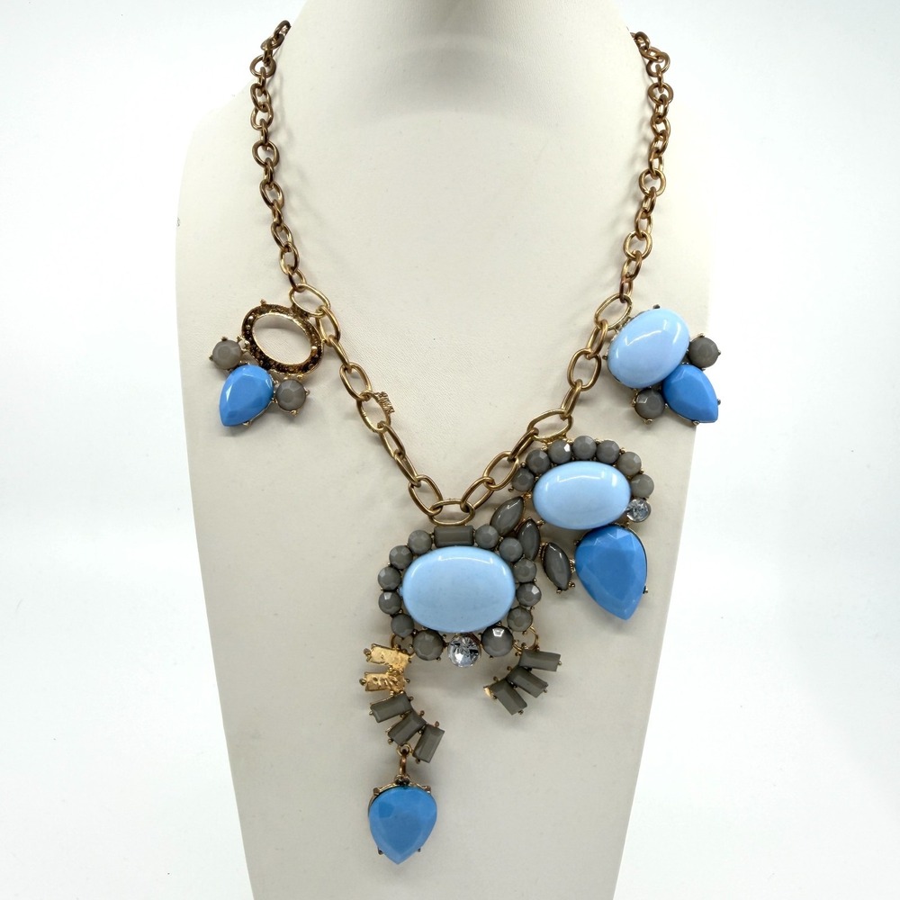 Vintage Boho Chunky Blue Grey Statement‎ Necklace Asymmetric Retro Cluster 90s